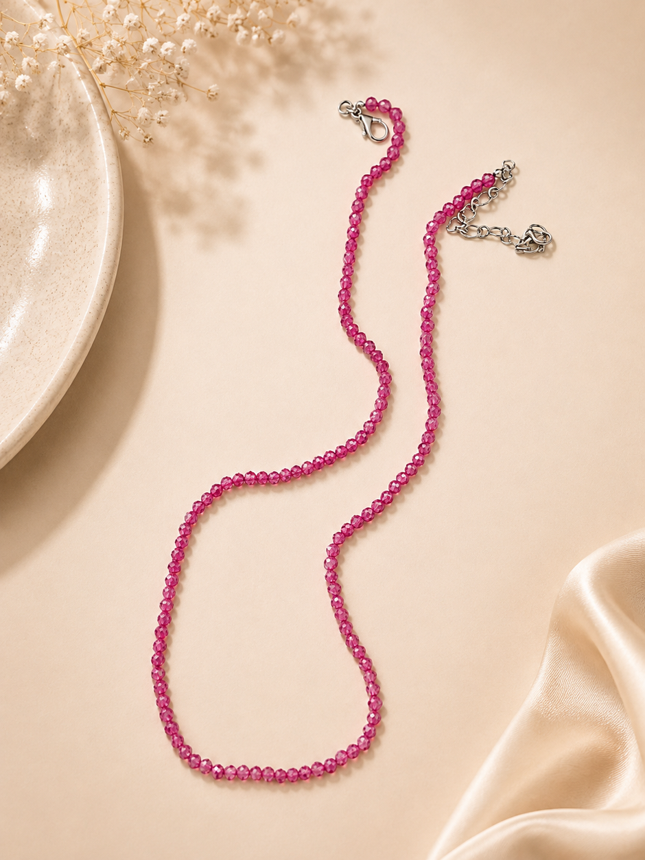 Pink CZ Beaded Necklace 3mm | Dainty Pink Necklace